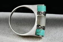 Load image into Gallery viewer, Sterling Silver Turquoise Rhinestone Moonstone Flat Ring Size 7.5