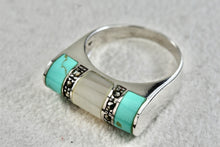 Load image into Gallery viewer, Sterling Silver Turquoise Rhinestone Moonstone Flat Ring Size 7.5