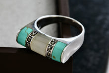Load image into Gallery viewer, Sterling Silver Turquoise Rhinestone Moonstone Flat Ring Size 7.5