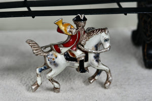 Vintage Early 1900's Silver Hand-Painted Enamel Trumpeter Soldier Horse Pin Brooch