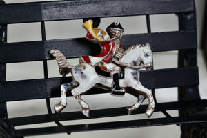 Vintage Early 1900's Silver Hand-Painted Enamel Trumpeter Soldier Horse Pin Brooch