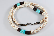 Load image into Gallery viewer, Vintage Hand Strung Silver Turquoise Puka Shell Hawaii 18&quot; Necklace 1950&#39;s Era
