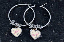 Load image into Gallery viewer, Juicy Couture LOVE Rhinestone Pink Cream Dangle Heart Large Hoop Earrings
