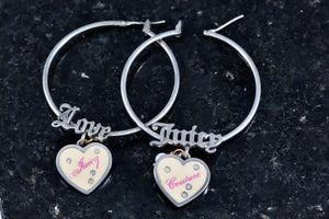 Juicy Couture LOVE Rhinestone Pink Cream Dangle Heart Large Hoop Earrings