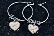 Load image into Gallery viewer, Juicy Couture LOVE Rhinestone Pink Cream Dangle Heart Large Hoop Earrings
