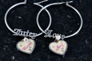 Juicy Couture LOVE Rhinestone Pink Cream Dangle Heart Large Hoop Earrings