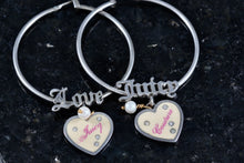 Load image into Gallery viewer, Juicy Couture LOVE Rhinestone Pink Cream Dangle Heart Large Hoop Earrings
