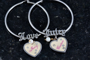 Juicy Couture LOVE Rhinestone Pink Cream Dangle Heart Large Hoop Earrings