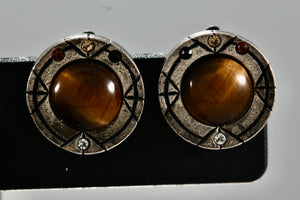 Vintage Patricia Locke Round Tiger Eye Clip-On Earrings