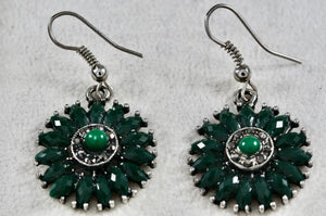 Wheel of Green Emerald Marquise Dangle Hook Costume Earrings