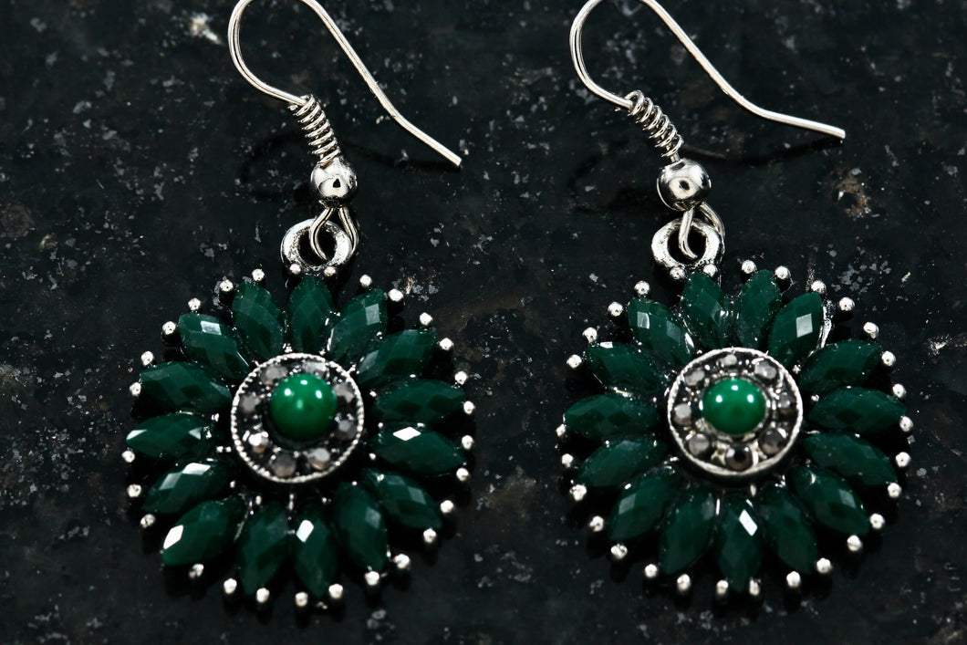 Wheel of Green Emerald Marquise Dangle Hook Costume Earrings