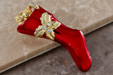 Load image into Gallery viewer, Christmas Red Stocking Rhinestone Gold Tone 2.5&quot; Brooch Pin
