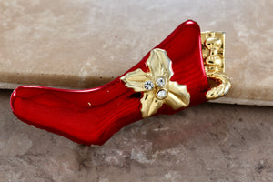 Christmas Red Stocking Rhinestone Gold Tone 2.5" Brooch Pin