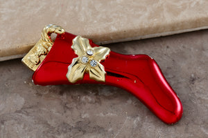 Christmas Red Stocking Rhinestone Gold Tone 2.5" Brooch Pin