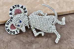 Costume "I Don't Give a Rats Ass" Rhinestone Rat 3.25" Brooch Pin