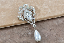 Load image into Gallery viewer, Costume Silvertone-Tone Dangling Faux Pearl Rhinestone 2.5&quot; Brooch Pin
