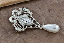 Load image into Gallery viewer, Costume Silvertone-Tone Dangling Faux Pearl Rhinestone 2.5&quot; Brooch Pin
