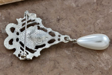 Load image into Gallery viewer, Costume Silvertone-Tone Dangling Faux Pearl Rhinestone 2.5&quot; Brooch Pin
