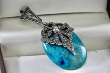 Load image into Gallery viewer, Costume Large Blue Oval Turquoise Rhinestone Silver-Tone 2.5&quot; Slider Pendant
