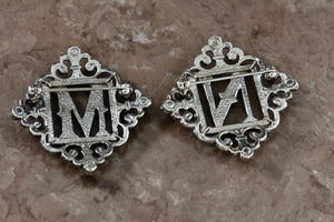 Costume Silver-Tone Letters "M" and "N" Rhinestone Monogram Brooch Pin