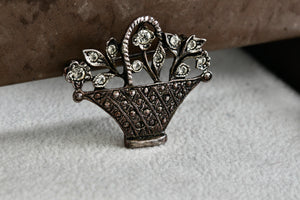 Costume Flower Basket Silver-Tone Rhinestone 1.25" Brooch Pin