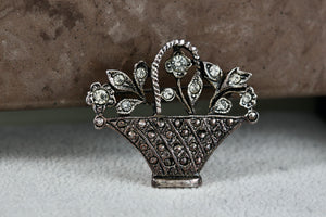 Costume Flower Basket Silver-Tone Rhinestone 1.25" Brooch Pin