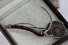 Load image into Gallery viewer, Sterling Silver Pewter Ammonite Fossil Shell Fibonacci Amber Glass Handmade Brooch Pin
