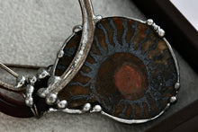 Load image into Gallery viewer, Sterling Silver Pewter Ammonite Fossil Shell Fibonacci Amber Glass Handmade Brooch Pin
