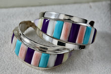 Load image into Gallery viewer, Native American Sterling Silver Handmade Multi Gemstone Inlay Hoop Earrings
