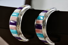 Load image into Gallery viewer, Native American Sterling Silver Handmade Multi Gemstone Inlay Hoop Earrings
