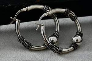 Sterling Silver Rope Wrapped Circle Hoop Bead Snap Closure Earrings