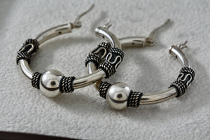 Sterling Silver Rope Wrapped Circle Hoop Bead Snap Closure Earrings