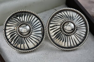 NM Large Mexico Sterling Silver Twist Rope Edge Round Circle Clip-On Earrings