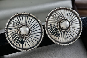 NM Large Mexico Sterling Silver Twist Rope Edge Round Circle Clip-On Earrings