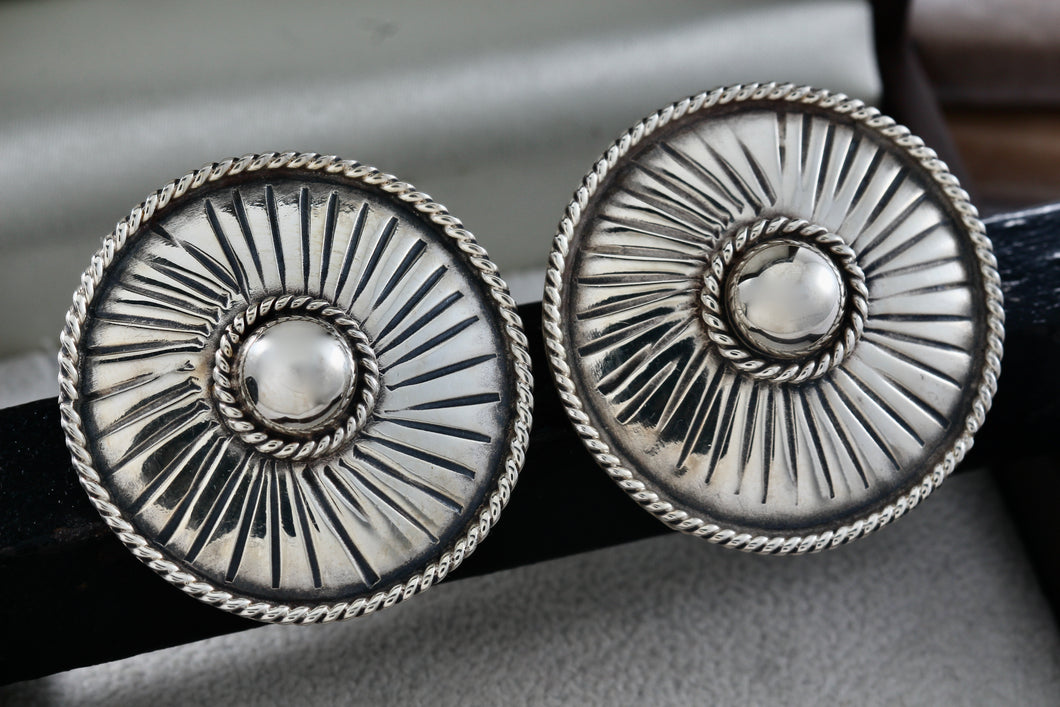 NM Large Mexico Sterling Silver Twist Rope Edge Round Circle Clip-On Earrings