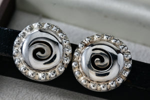 Vintage Taxco Mexico Sterling Silver Swirl Circle Beaded Edge Clip-On Earrings