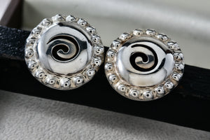 Vintage Taxco Mexico Sterling Silver Swirl Circle Beaded Edge Clip-On Earrings