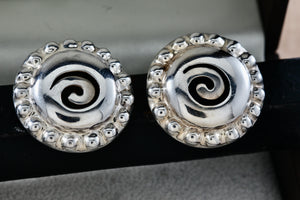 Vintage Taxco Mexico Sterling Silver Swirl Circle Beaded Edge Clip-On Earrings