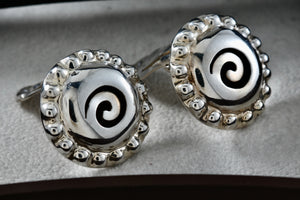 Vintage Taxco Mexico Sterling Silver Swirl Circle Beaded Edge Clip-On Earrings