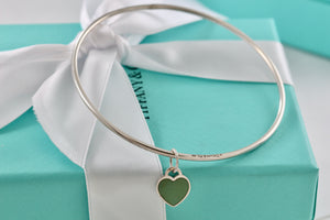 Tiffany & Co. Silver Small Blue Enamel Heart Dangle Bangle Bracelet *Custom*