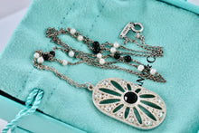 Load image into Gallery viewer, Tiffany &amp; Co Ziegfeld Black Onyx Pearl Bead Silver Daisy Pendant 24&quot; Necklace
