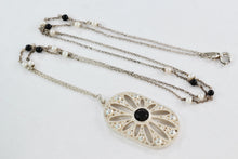 Load image into Gallery viewer, Tiffany &amp; Co Ziegfeld Black Onyx Pearl Bead Silver Daisy Pendant 24&quot; Necklace
