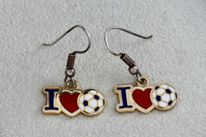 Costume "I Love Soccer" Red Black Enamel Dangle Earrings