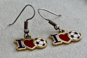 Costume "I Love Soccer" Red Black Enamel Dangle Earrings