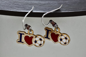 Costume "I Love Soccer" Red Black Enamel Dangle Earrings