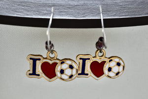 Costume "I Love Soccer" Red Black Enamel Dangle Earrings