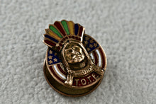 Load image into Gallery viewer, PAT May 1903 Native American Enamel Gold Plated Indian Tote Button Pin
