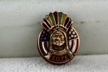 Load image into Gallery viewer, PAT May 1903 Native American Enamel Gold Plated Indian Tote Button Pin
