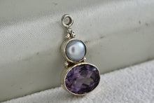 Load image into Gallery viewer, Sterling Silver Pearl Inlay Purple Oval Amethyst Drop Pendant
