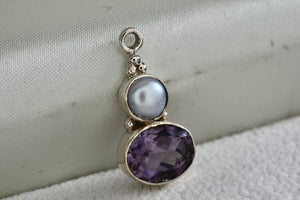 Sterling Silver Pearl Inlay Purple Oval Amethyst Drop Pendant